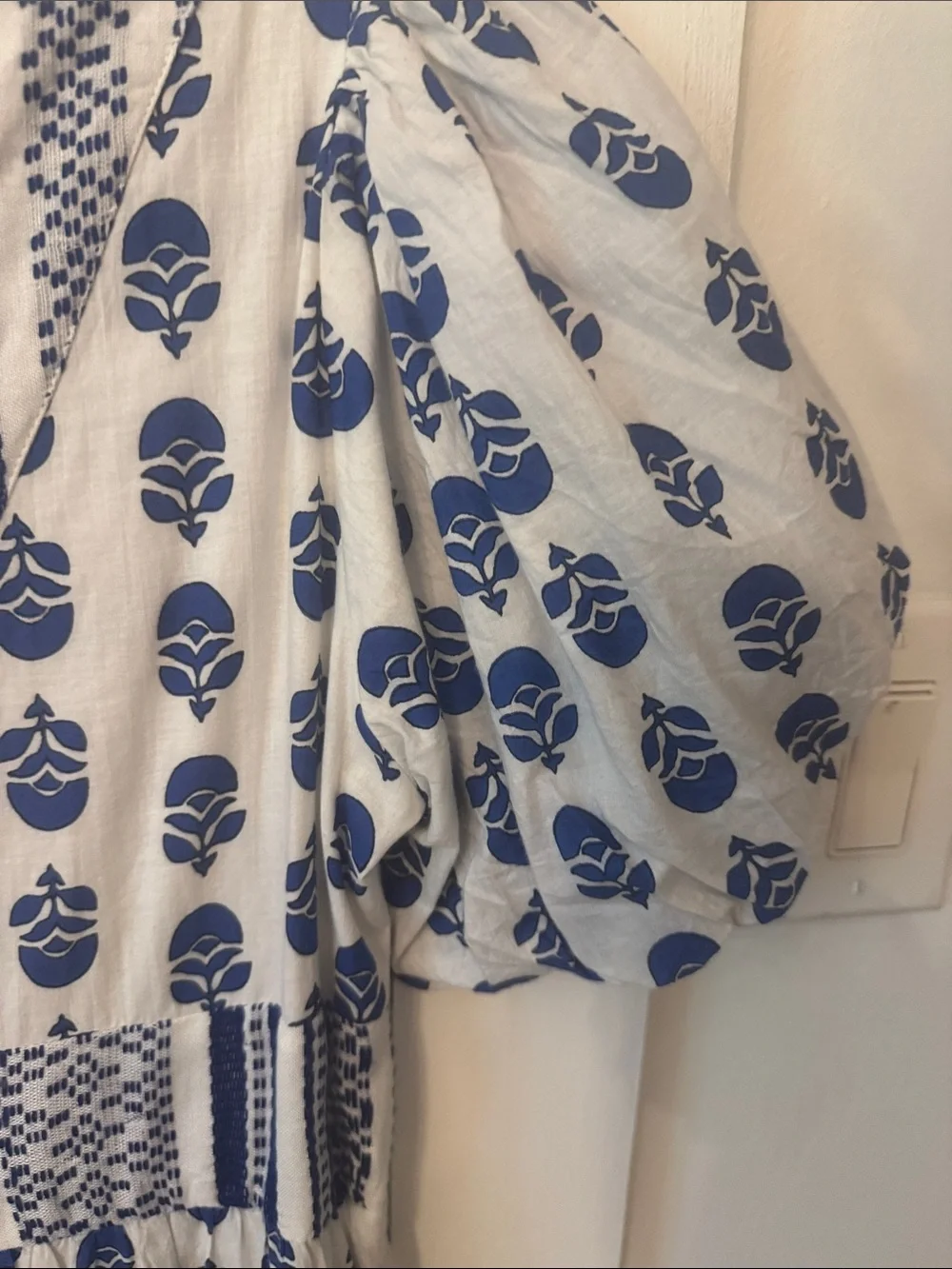 THML White Dress with Blue Floral Print and Puff Sleeves. Work once.